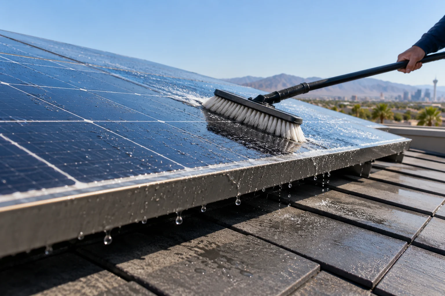 A soft white brush cleaning the lower edge of solar glass above dark roof tiles