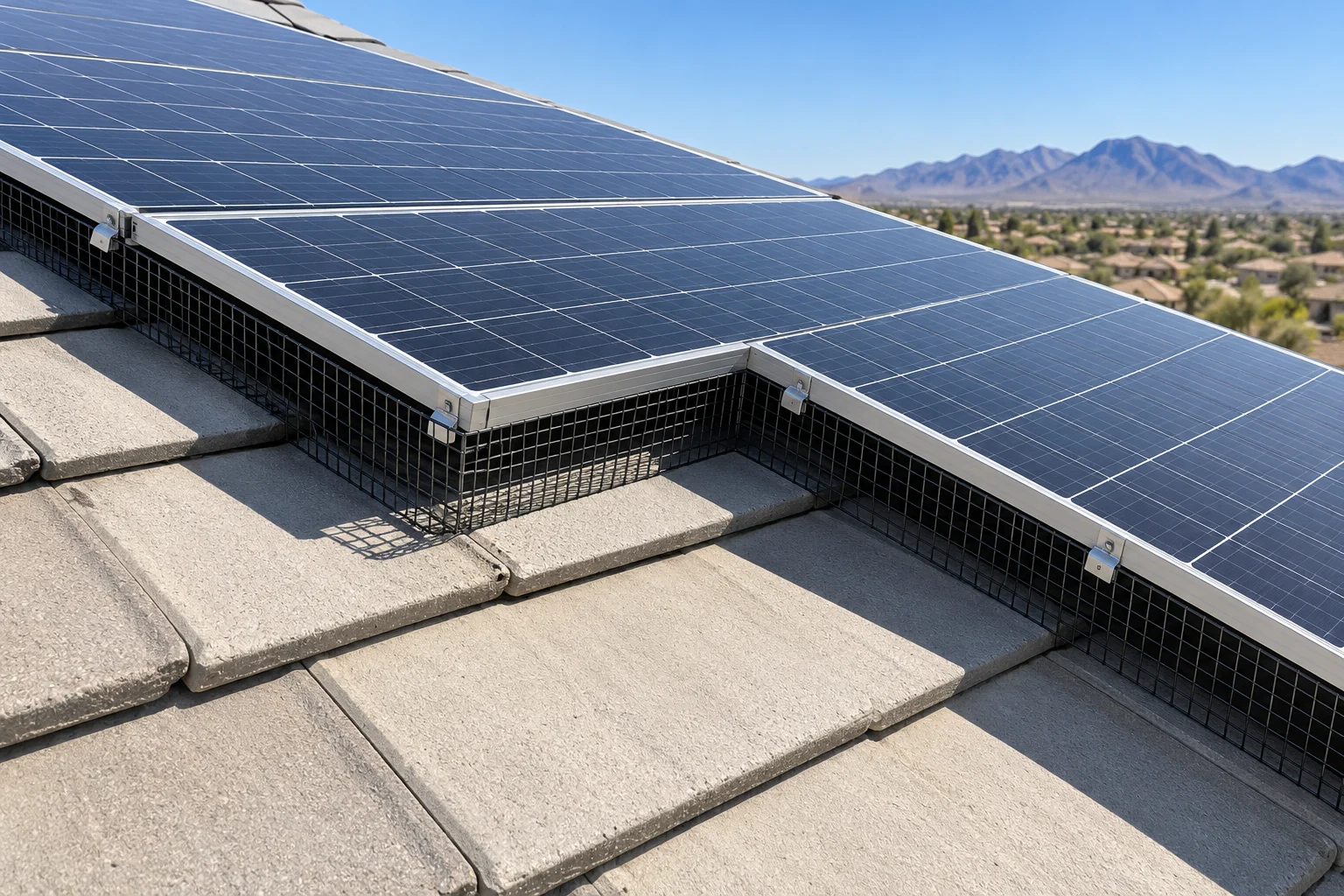 A fitted solar bird guard following a stepped panel perimeter
