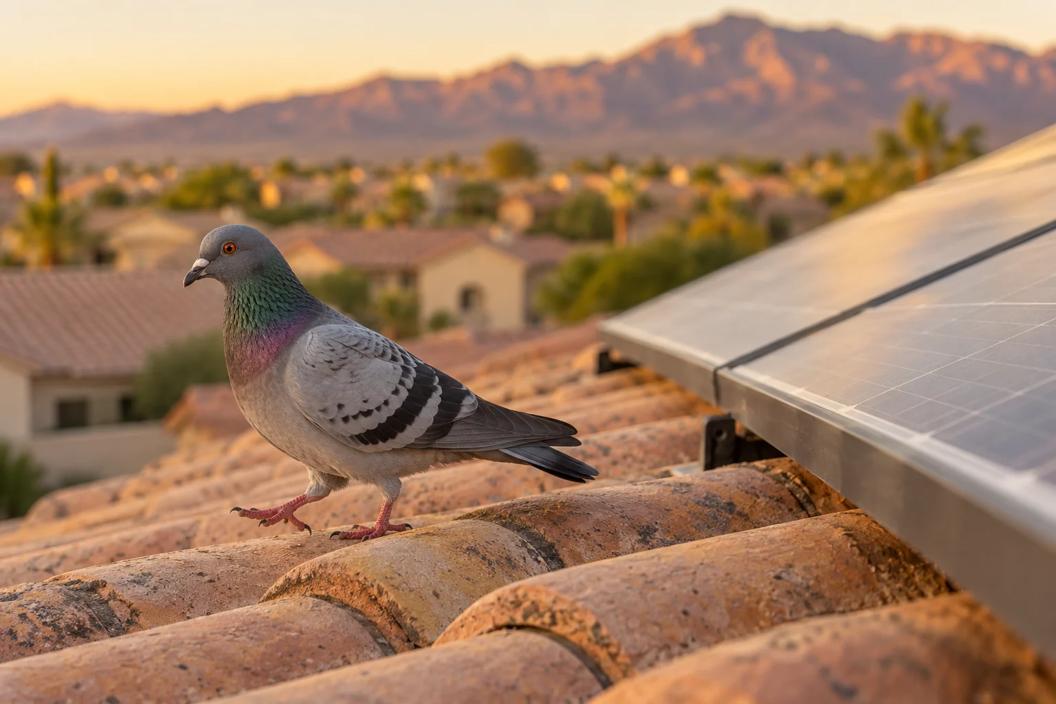 A healthy gray pigeon standing near the edge of a rooftop solar panel