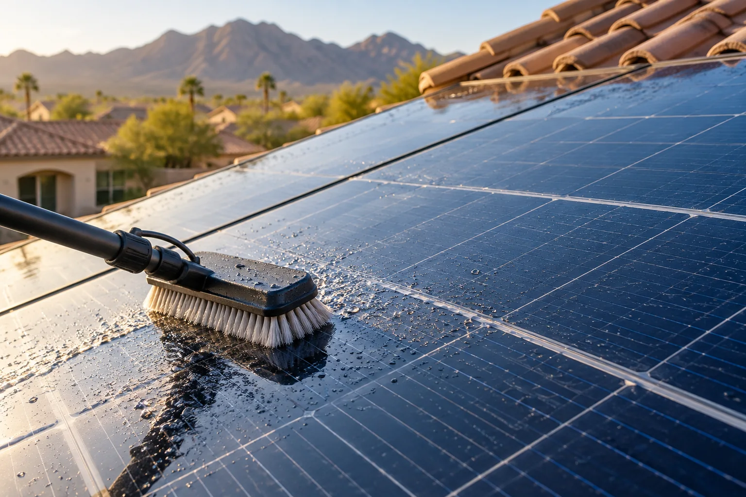 Soft brush cleaning dark residential solar panels with tan roof tiles in the background