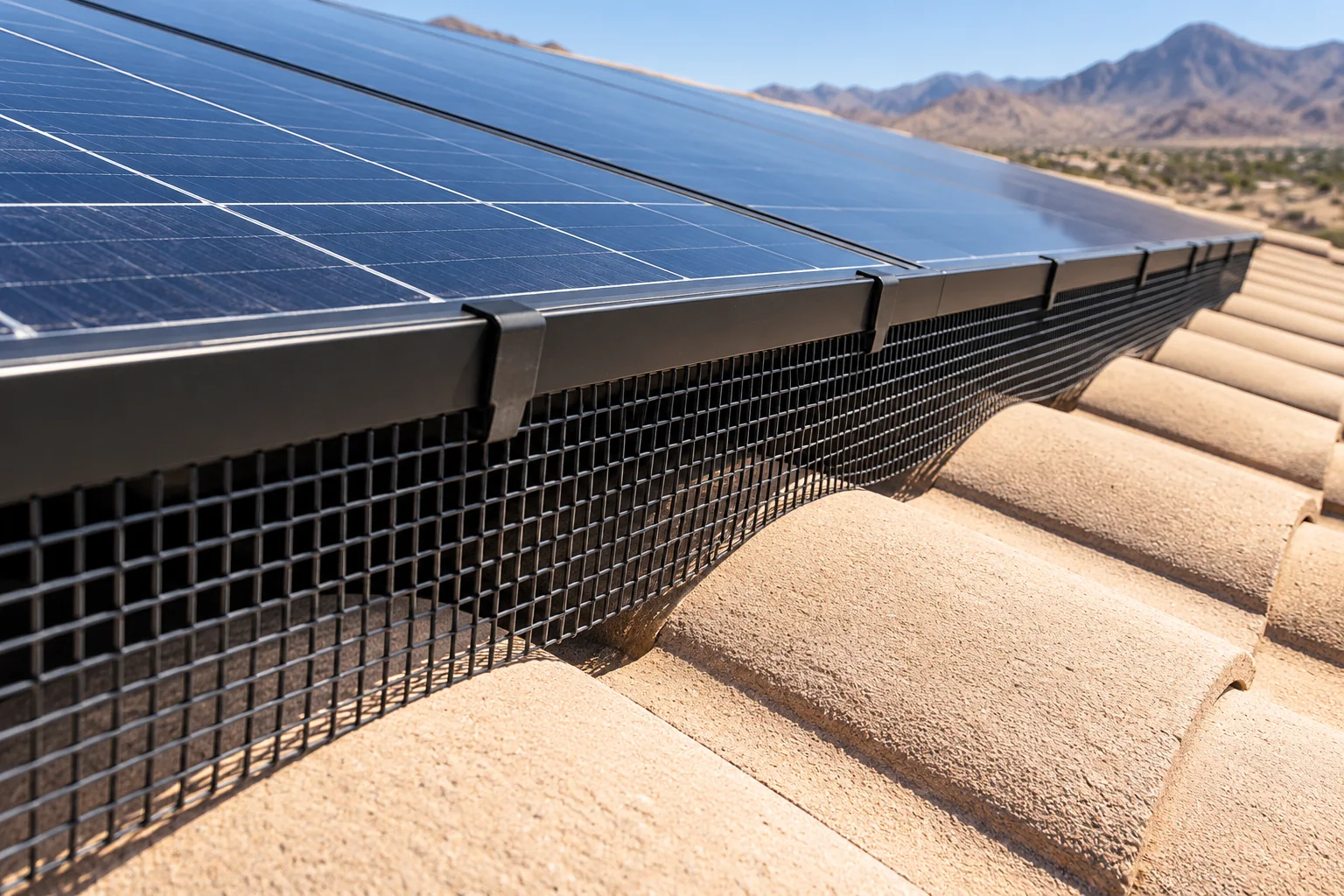 Black bird mesh following the contours of a tan tile roof below a solar array