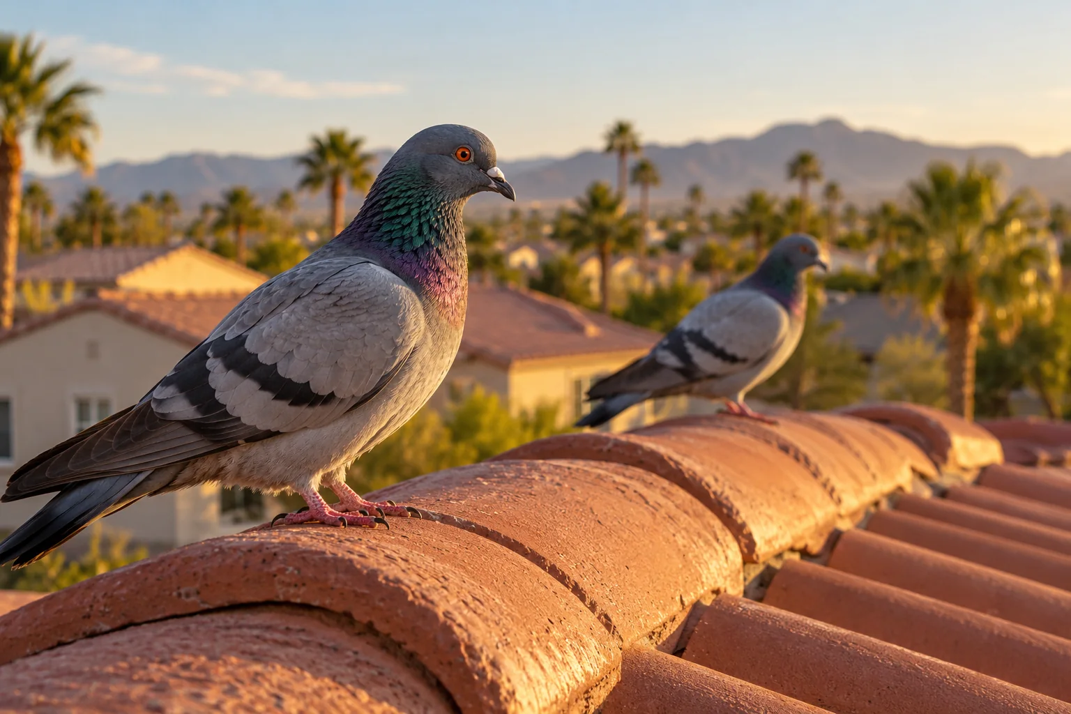 Two healthy gray pigeons standing on a warm terracotta roof ridge