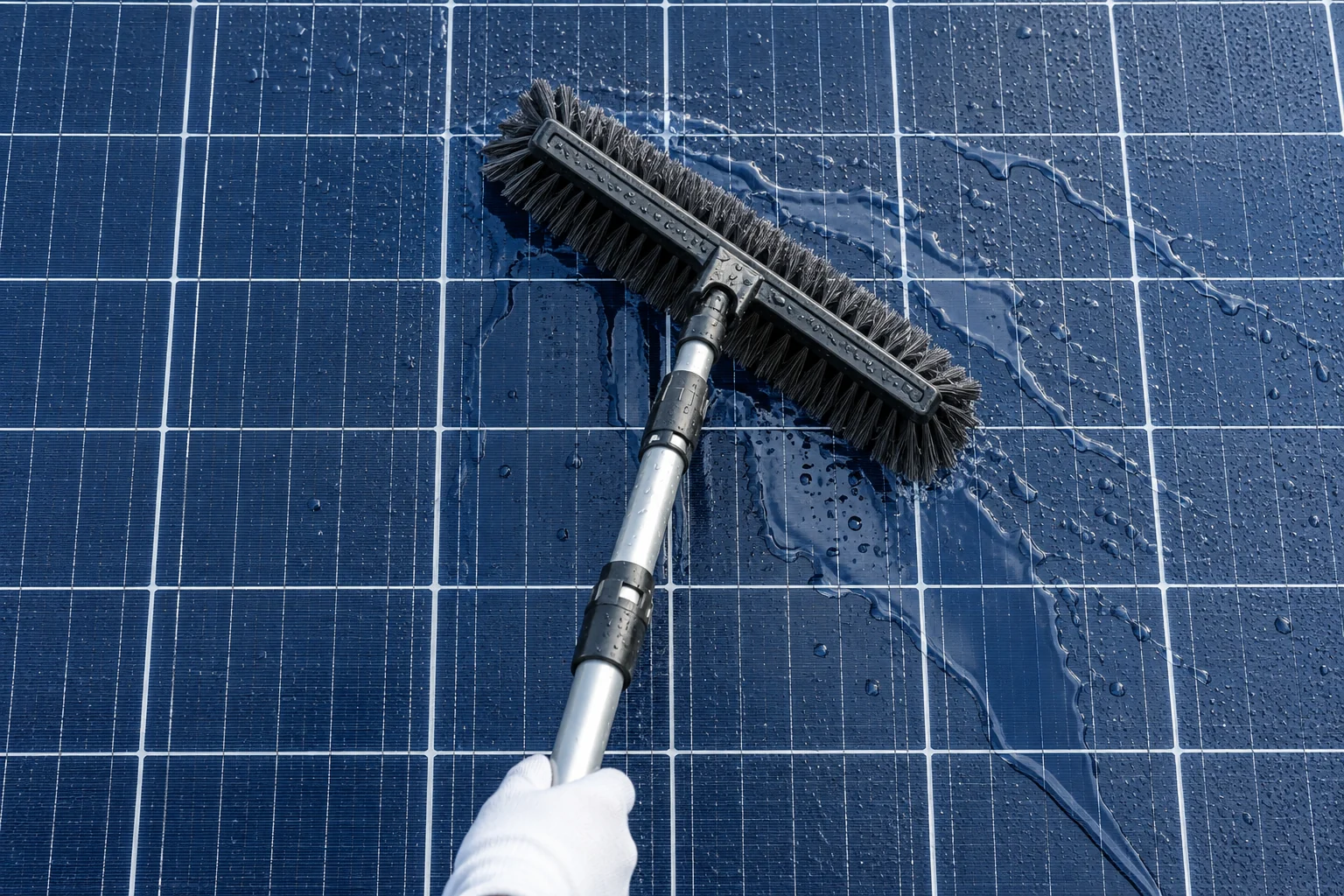A narrow soft brush crossing a wet solar panel with fresh rinse water