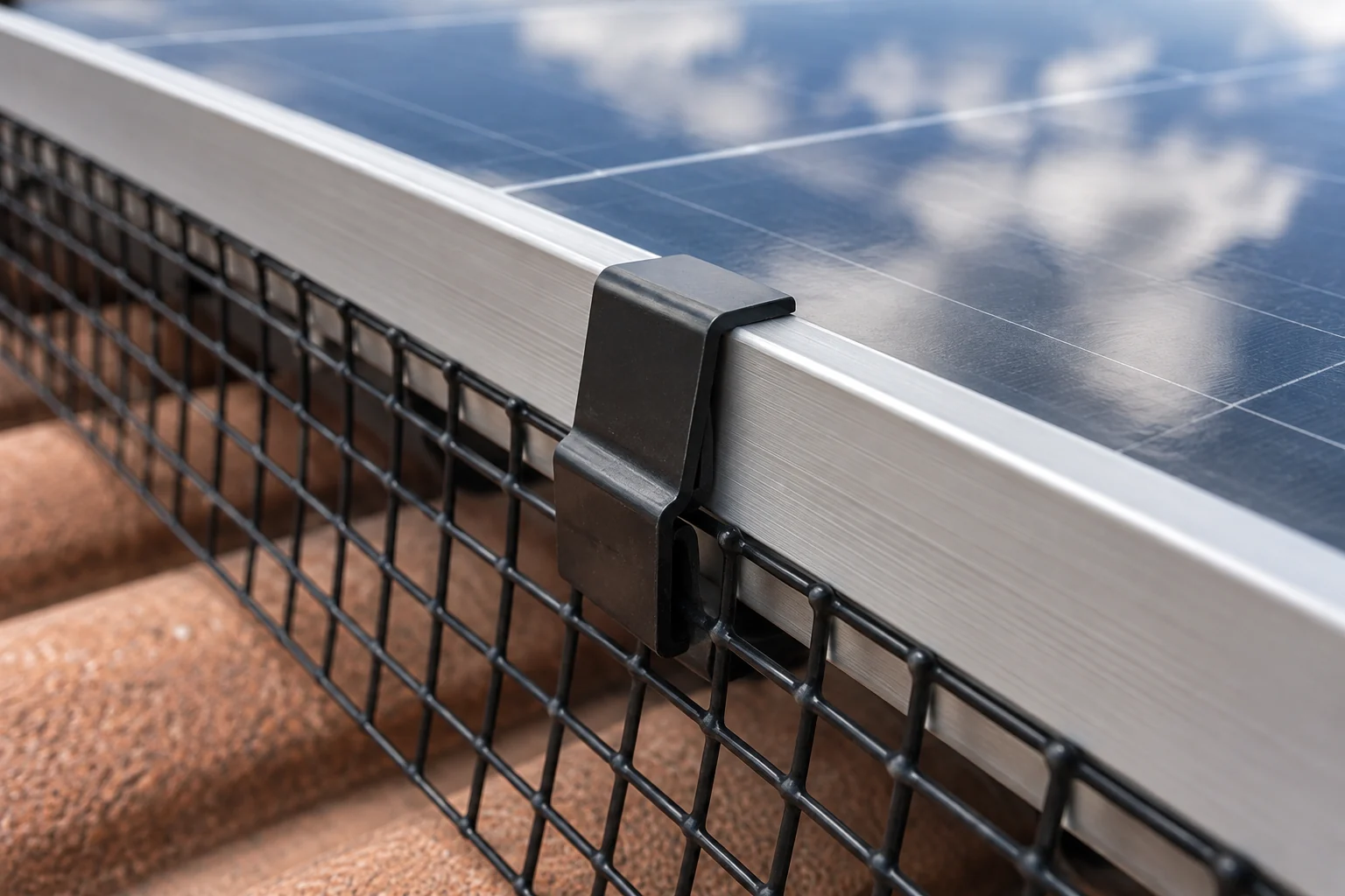 A close view of an external clip holding solar exclusion mesh beside the frame
