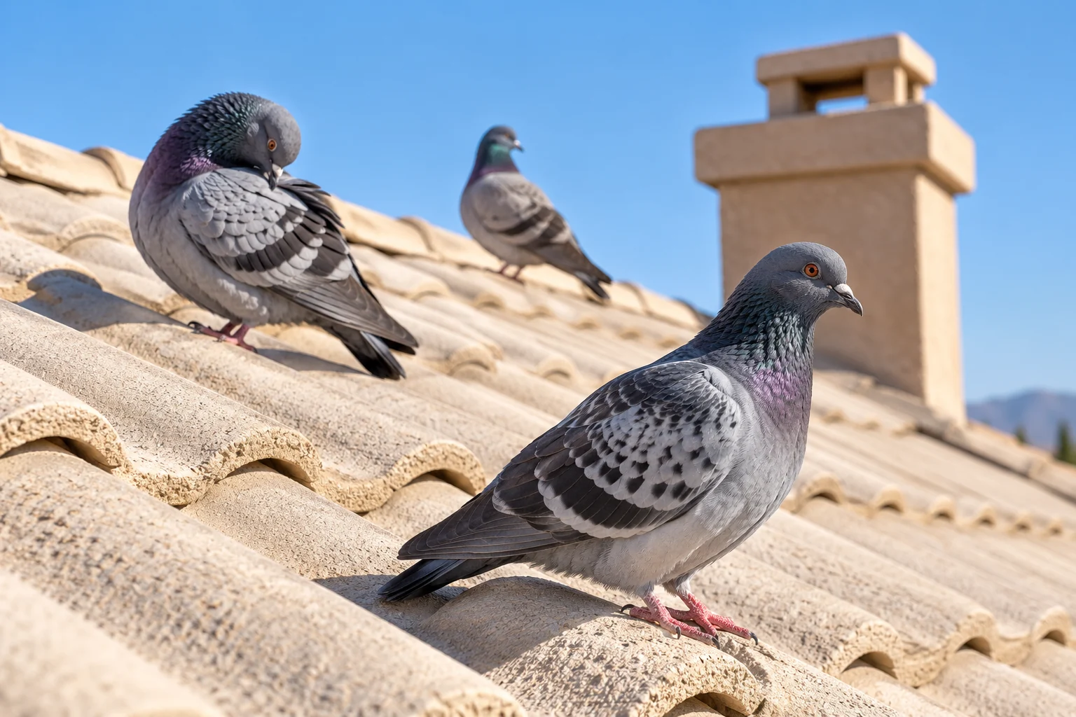 Three healthy gray pigeons standing across pale concrete roof tiles