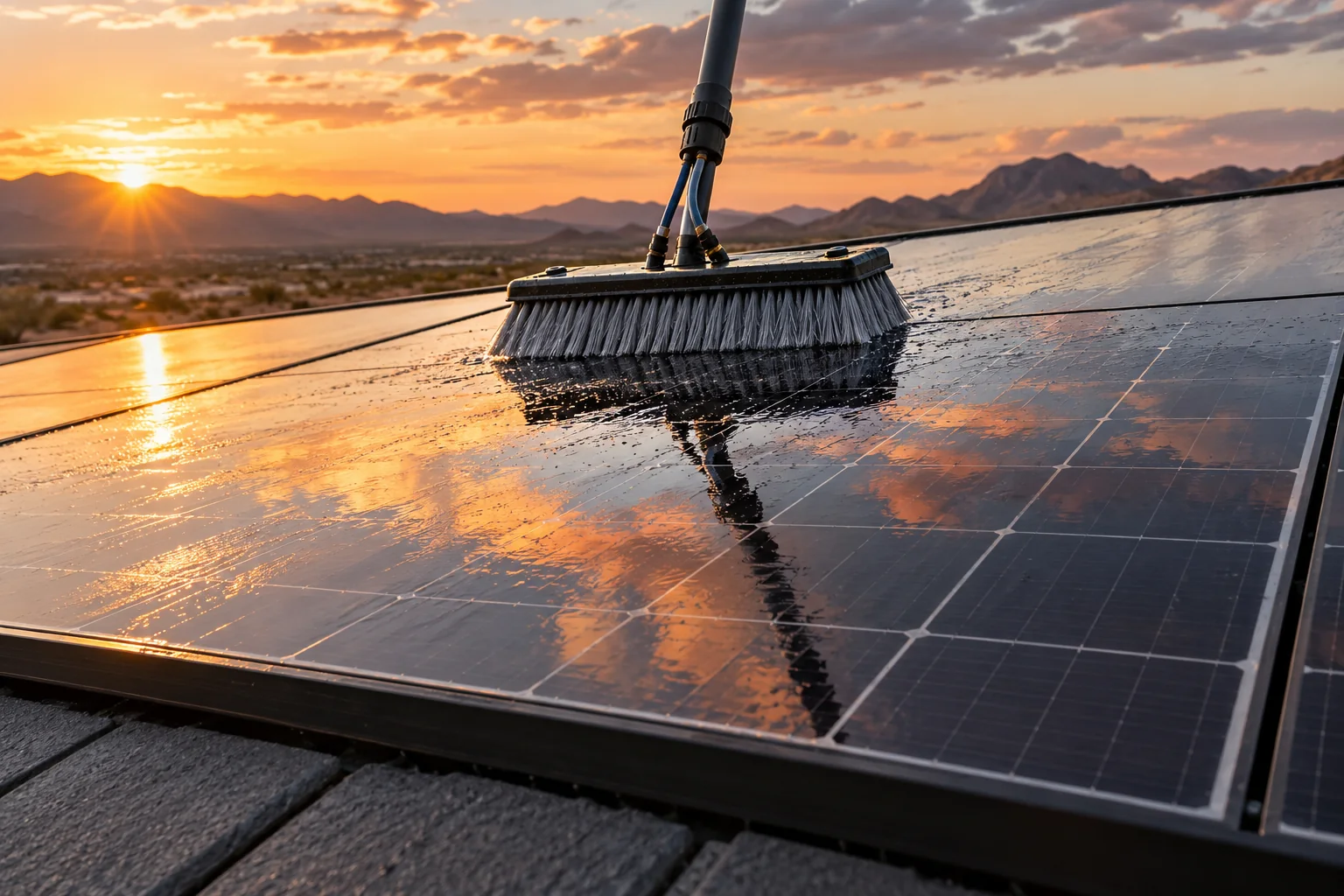 Soft water fed brush and clear water on black solar glass above a gray tile roof