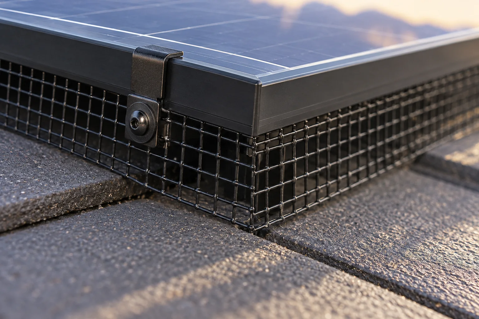 Close view of a black frame clip holding bird mesh below a solar panel edge