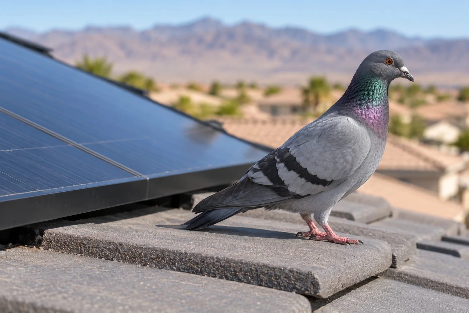 A healthy gray pigeon standing on a gray tile roof beside the edge of a solar panel