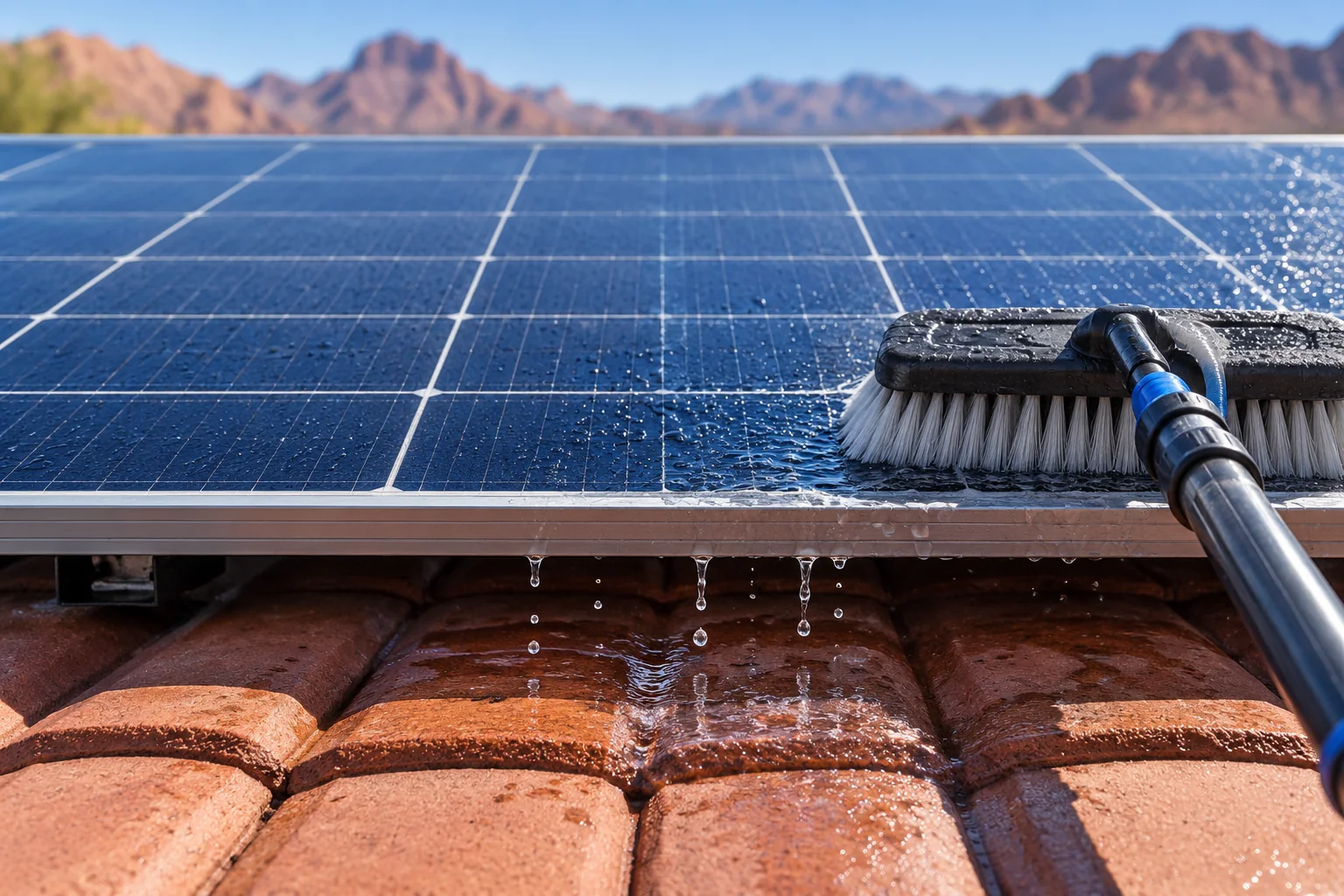 Gentle water rinse and soft brush at the edge of a blue solar panel on a terracotta roof