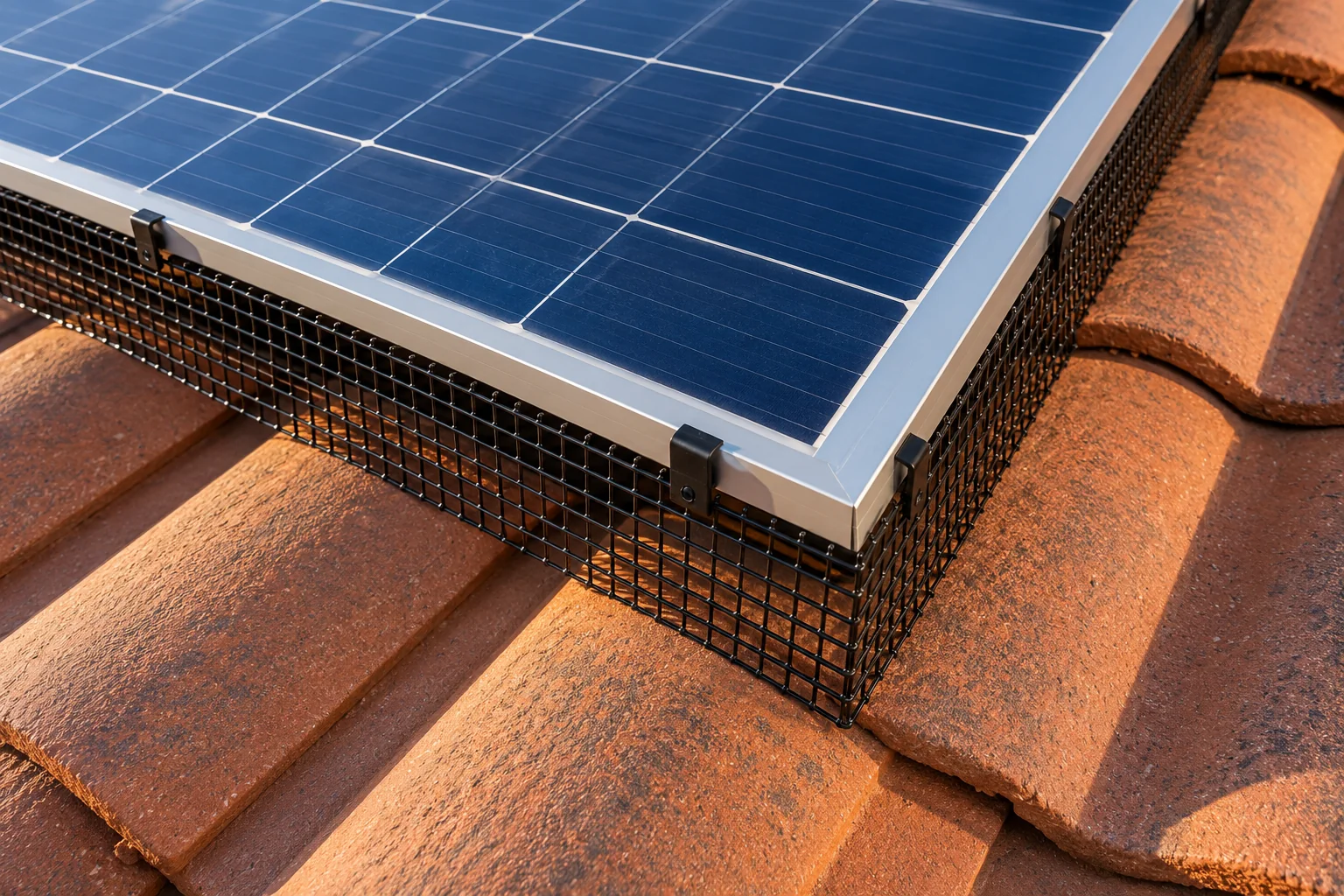 Black bird mesh beneath a solar panel on a weathered rust colored tile roof