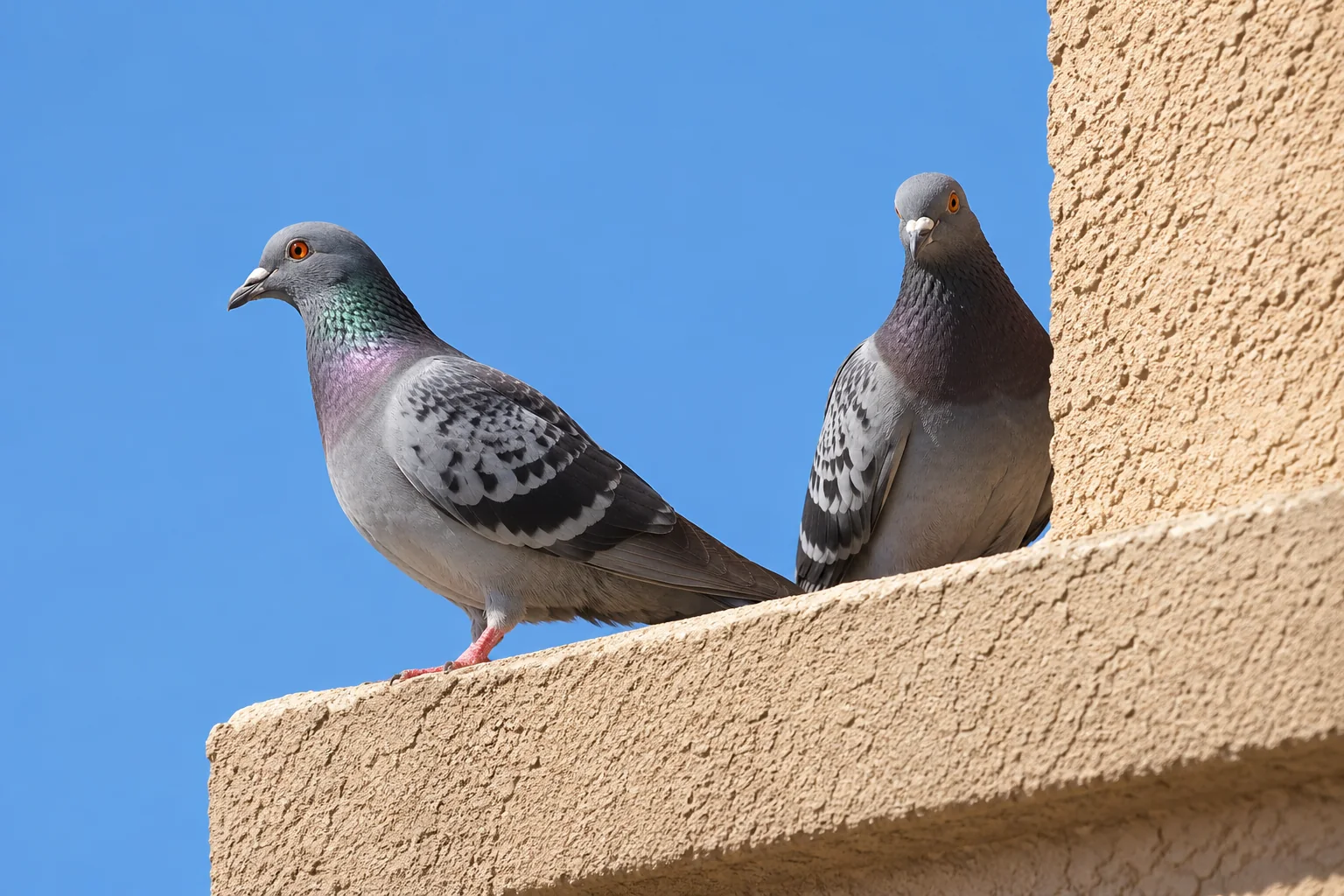 Two healthy gray pigeons on a beige stucco ledge in bright desert daylight
