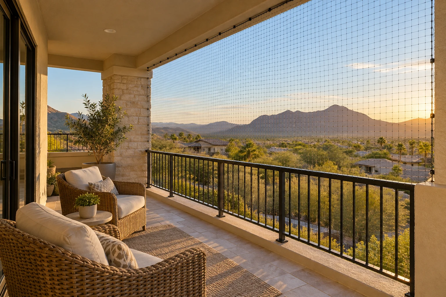 Subtle exclusion netting across the outer opening of a furnished stucco balcony