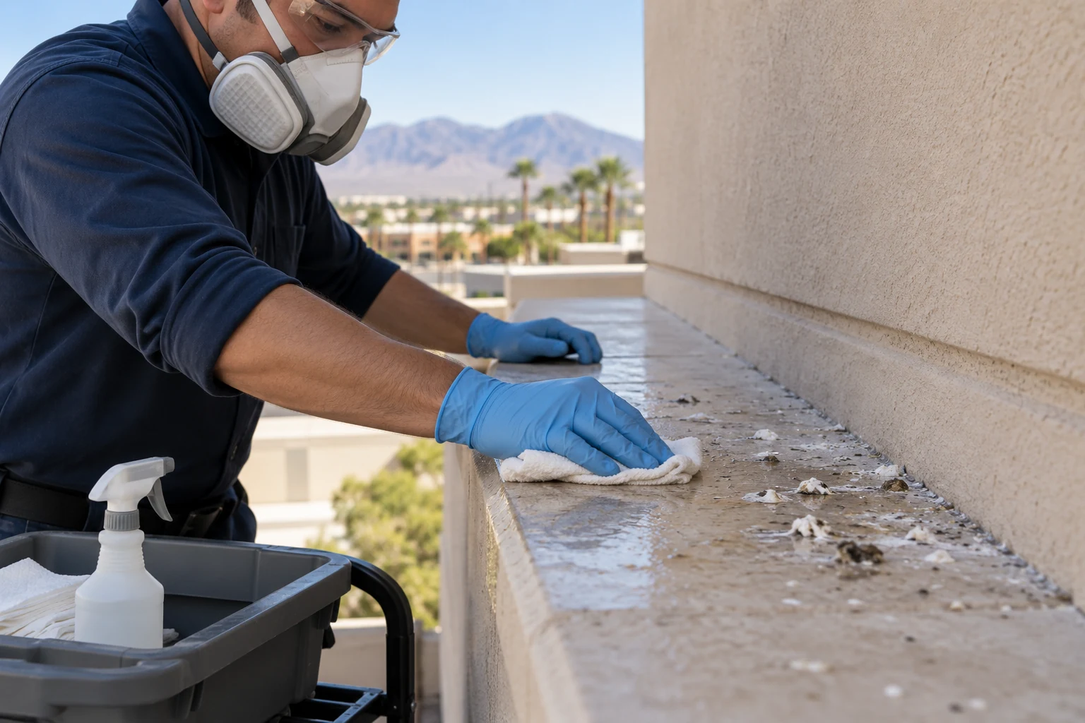 A technician wearing gloves, eye protection and a respirator damp cleans bird deposits from a stone ledge.