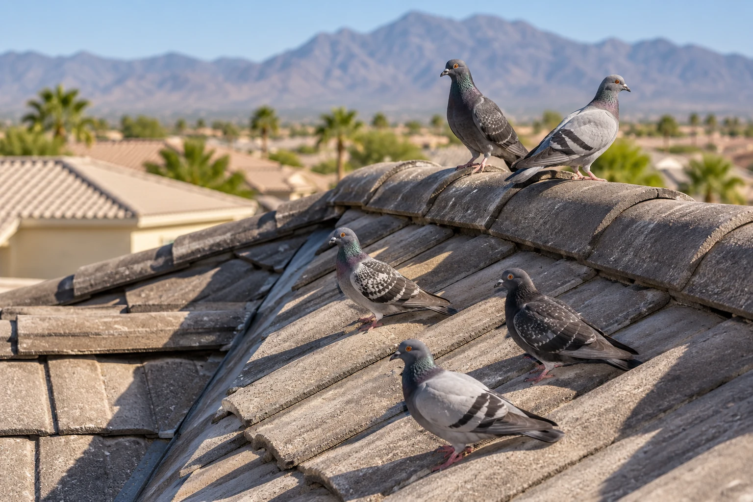 Five gray pigeons stand along weathered roof tiles with desert mountains in the distance.
