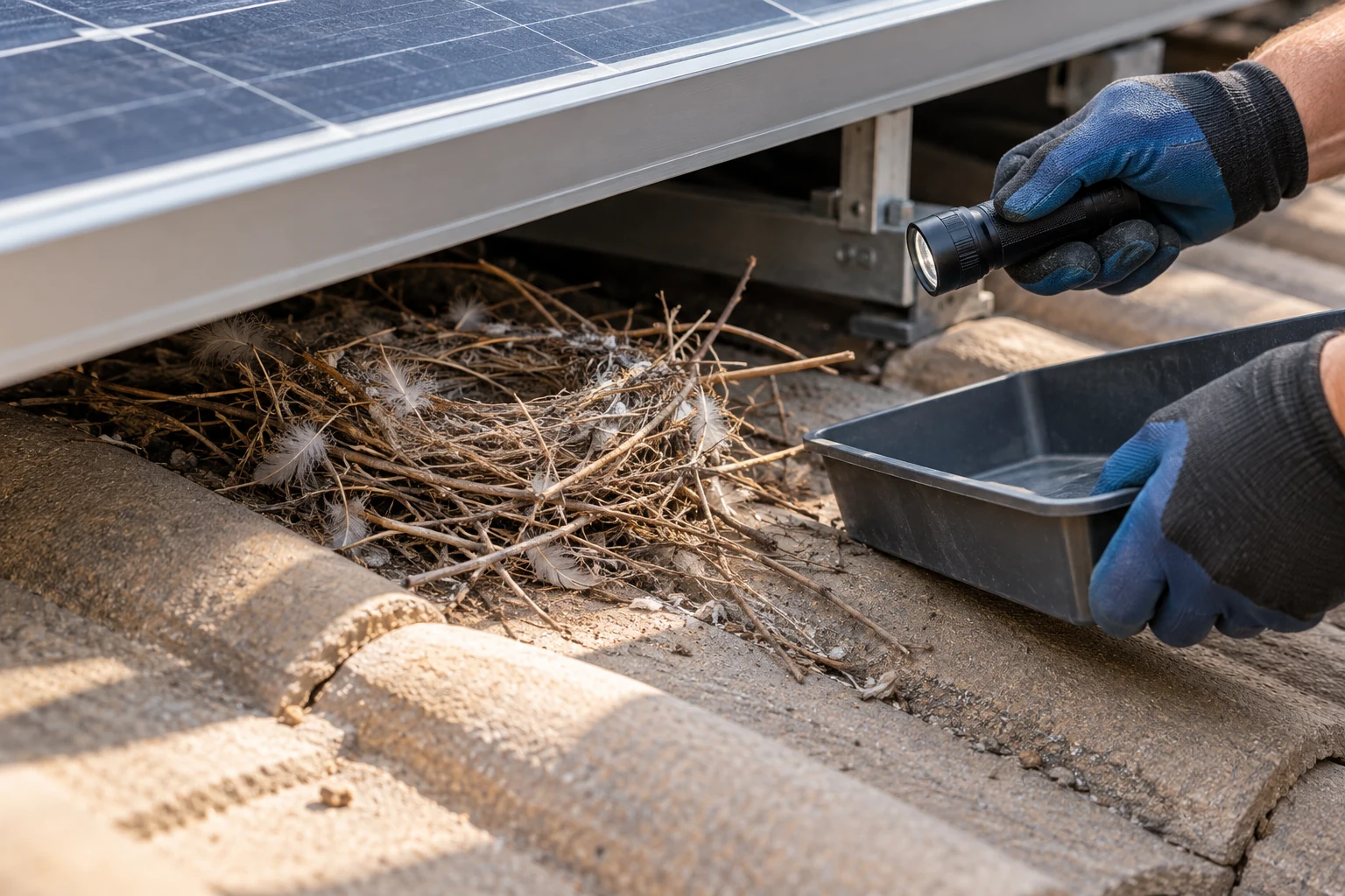 Gloved hands hold an inspection light and tray beside an empty twig nest beneath a solar panel.