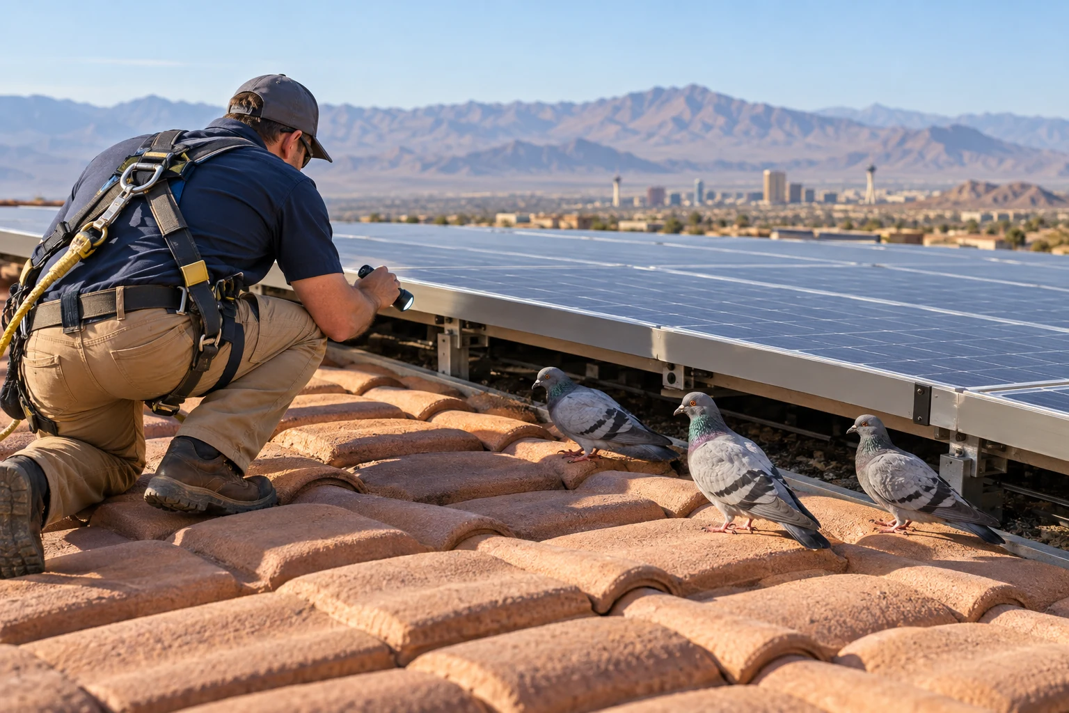 A harnessed technician inspects beneath a solar panel beside three pigeons on a tile roof.