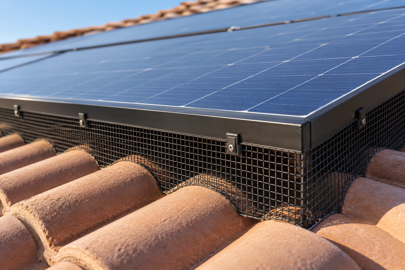 Black mesh bird guard along the lower edge of a rooftop solar array