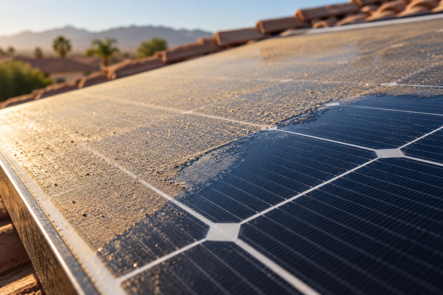 Fine desert dust on solar glass beside a small rinsed patch