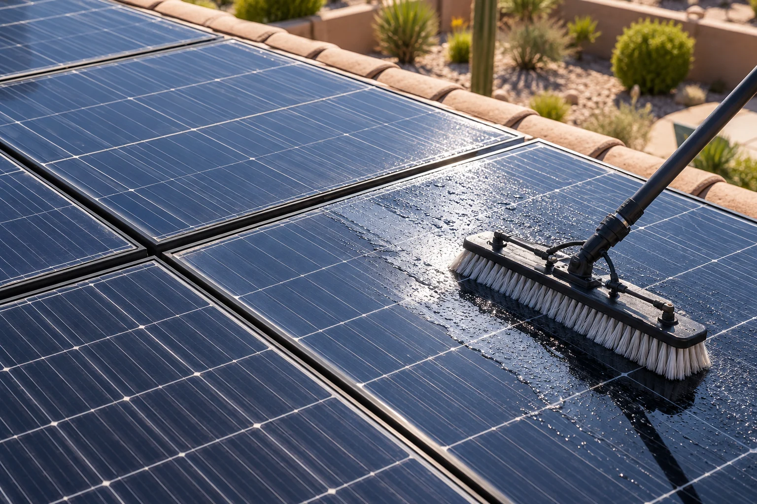 Water fed brush and clear droplets on residential solar panels beside a tan tile roof