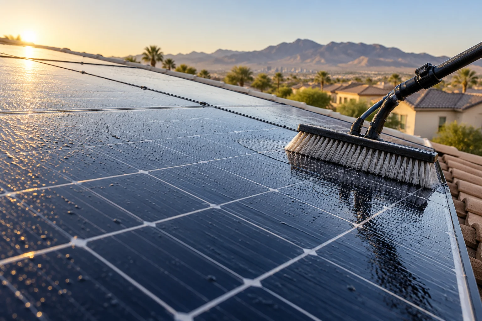 Soft water fed brush cleaning residential solar panels above a Las Vegas style neighborhood
