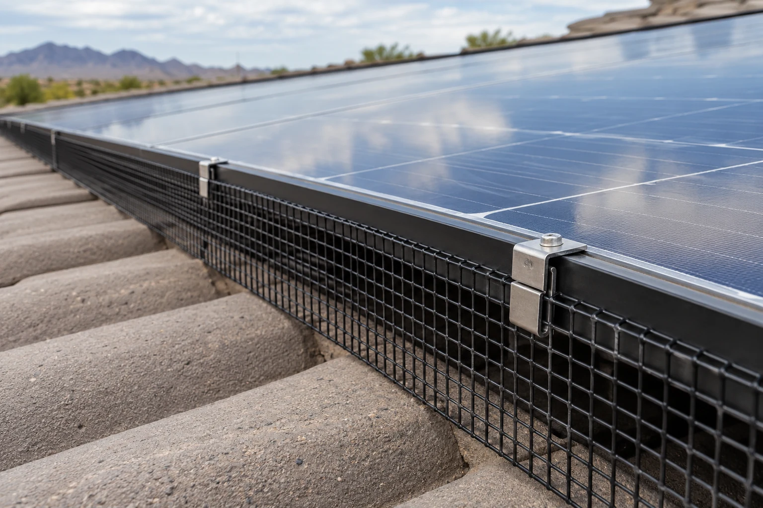 Black mesh bird guard with external clips along the edge of a solar panel array