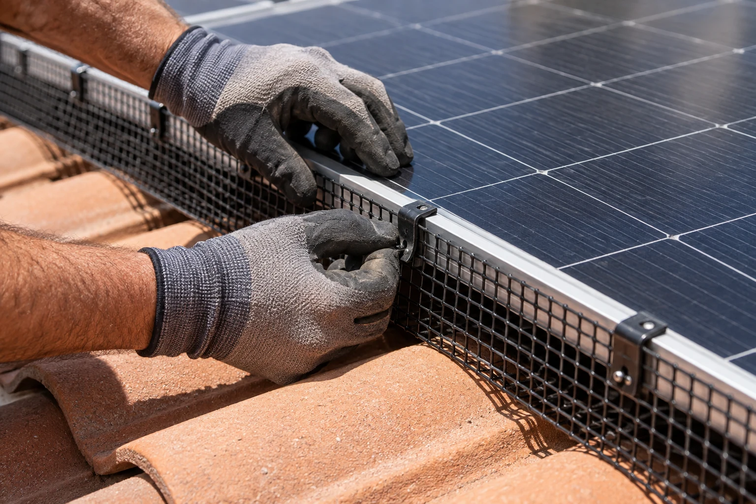 Gloved hands refastening a clip on black mesh beside a solar panel frame