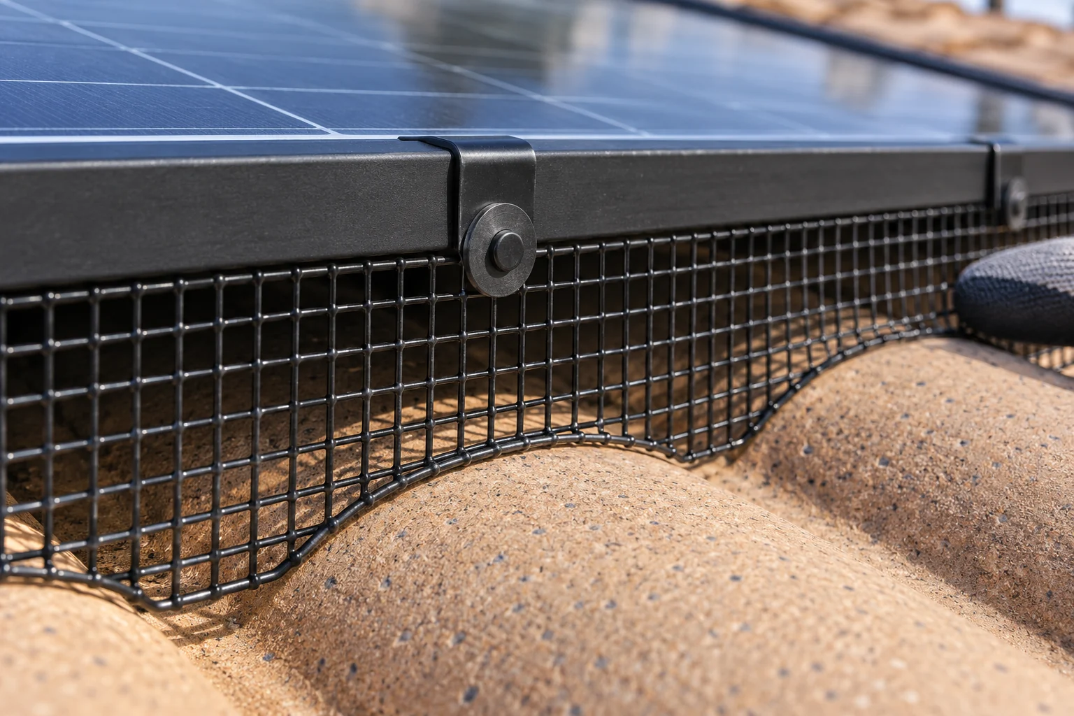 Close view of black bird mesh retained against a solar panel frame above curved roof tiles