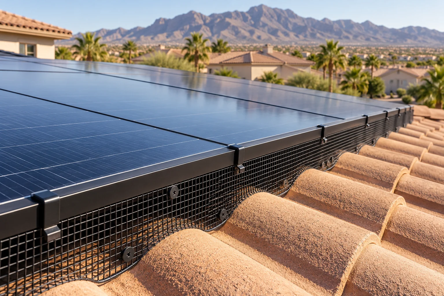 Black bird mesh fitted below a solar panel frame along the contours of a tan tile roof