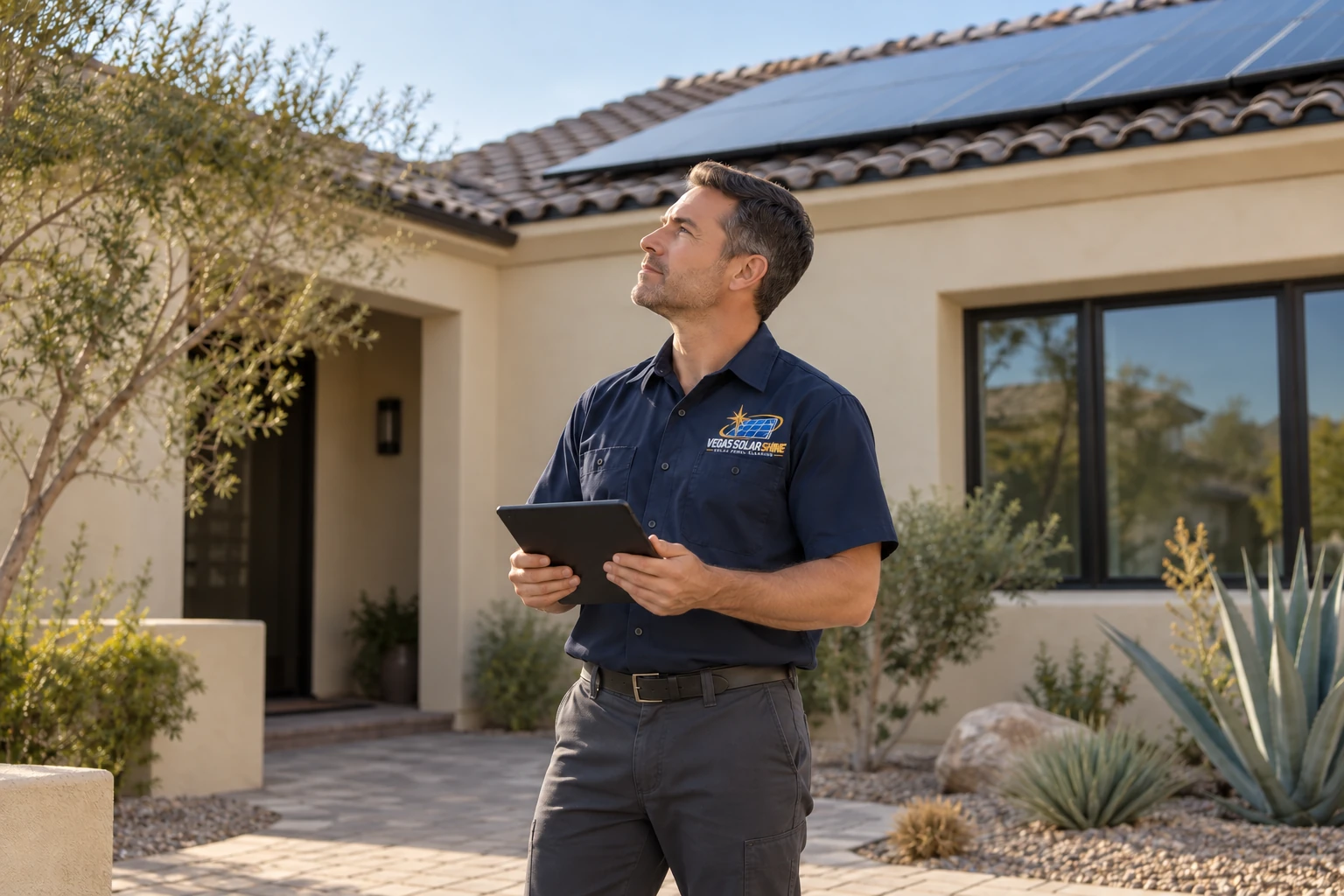 Technician wearing a Vegas Solar Shine embroidered work shirt and holding a tablet beside a home with rooftop solar panels