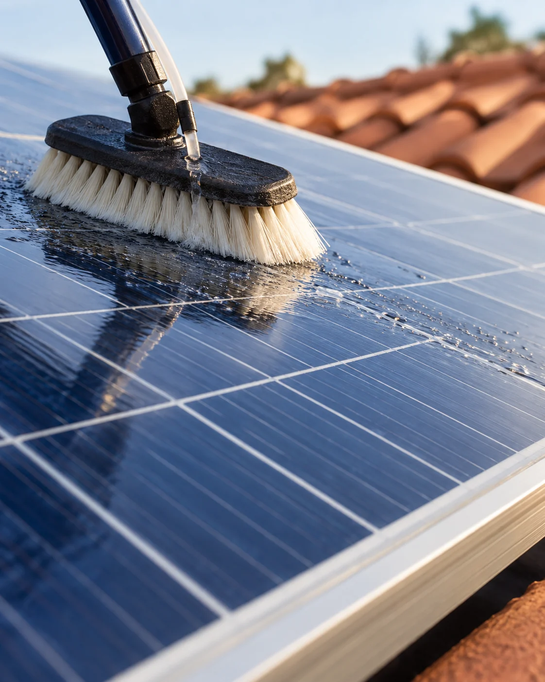 Soft cleaning brush making a gentle wet pass across intact solar panel glass
