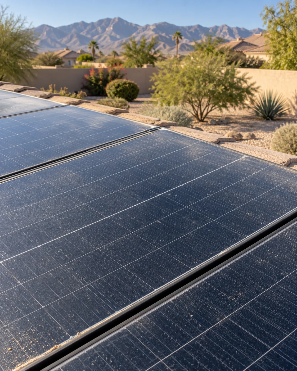 Light dust and faint dried water spots on a solar array above a Las Vegas desert yard