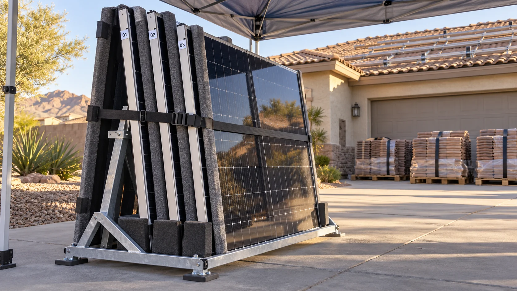 Protected solar panels with numbered inventory tags stored upright before roof work