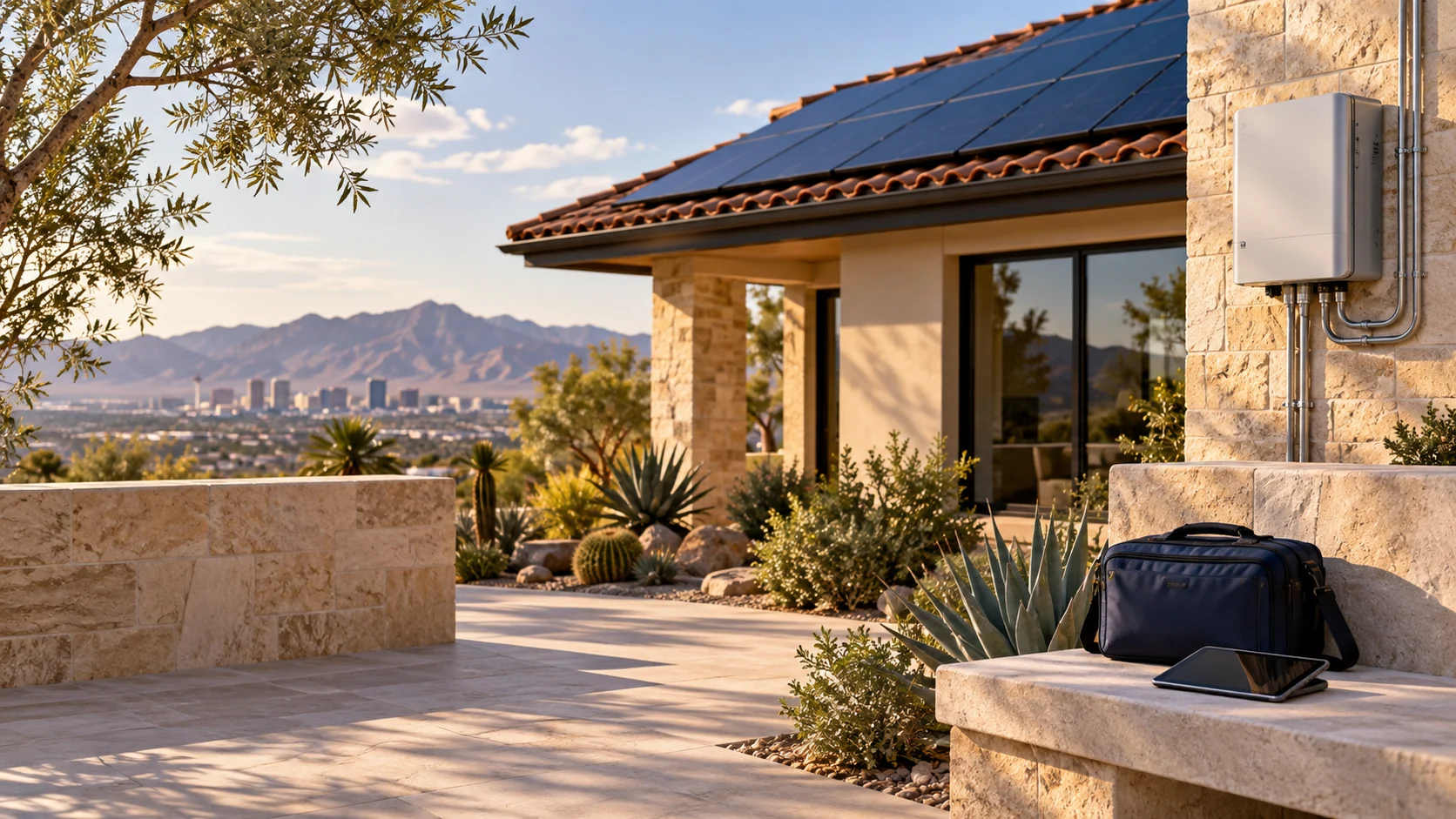 Solar panels, closed inverter and a technician equipment bag at a Las Vegas desert home