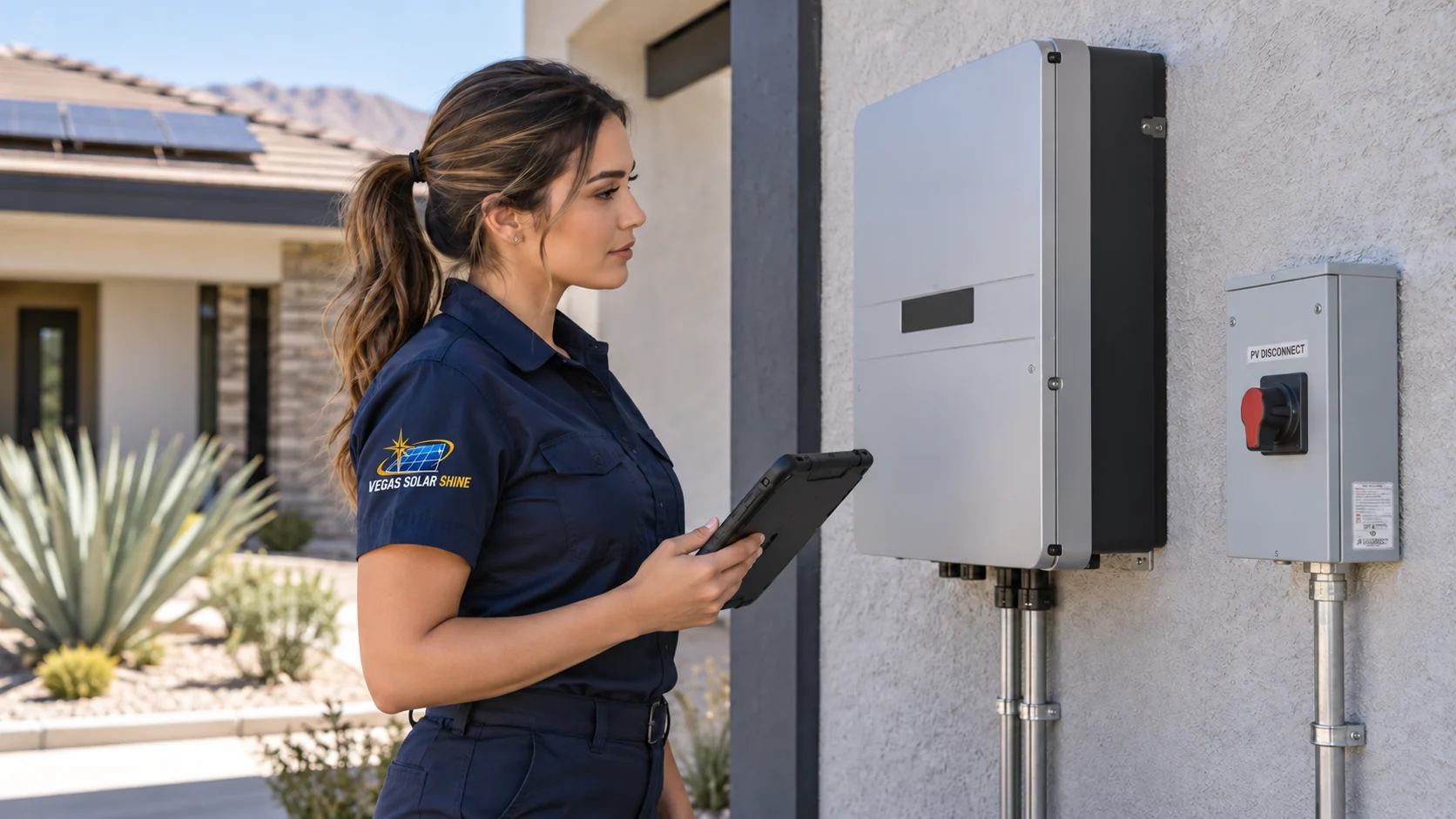 Vegas Solar Shine technician reviewing a closed solar inverter with a tablet