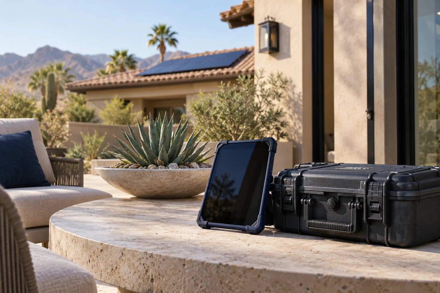Tablet and closed diagnostic equipment case on a Las Vegas patio beside a solar home