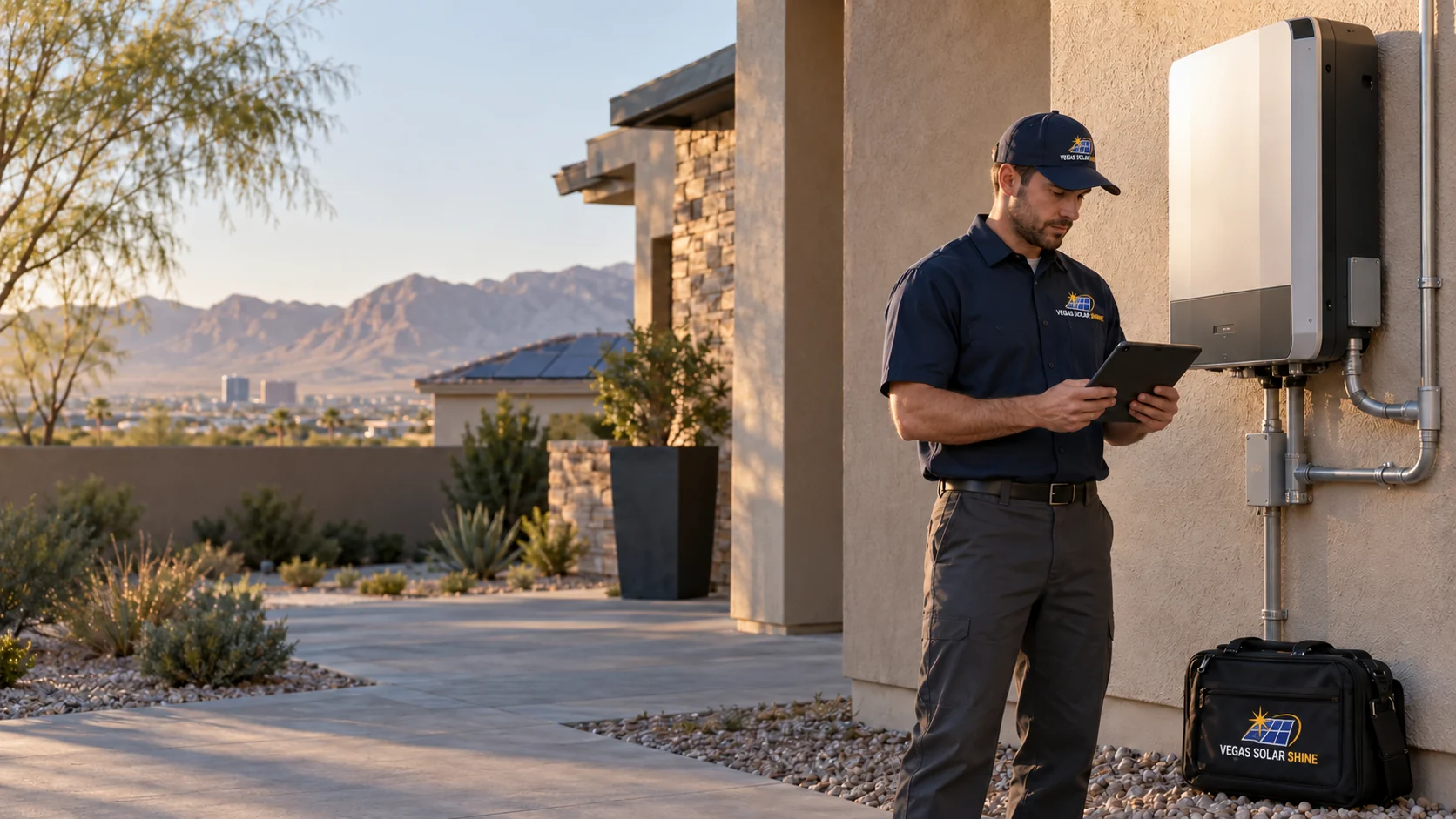Solar technician reviewing a tablet beside a closed exterior inverter in Las Vegas