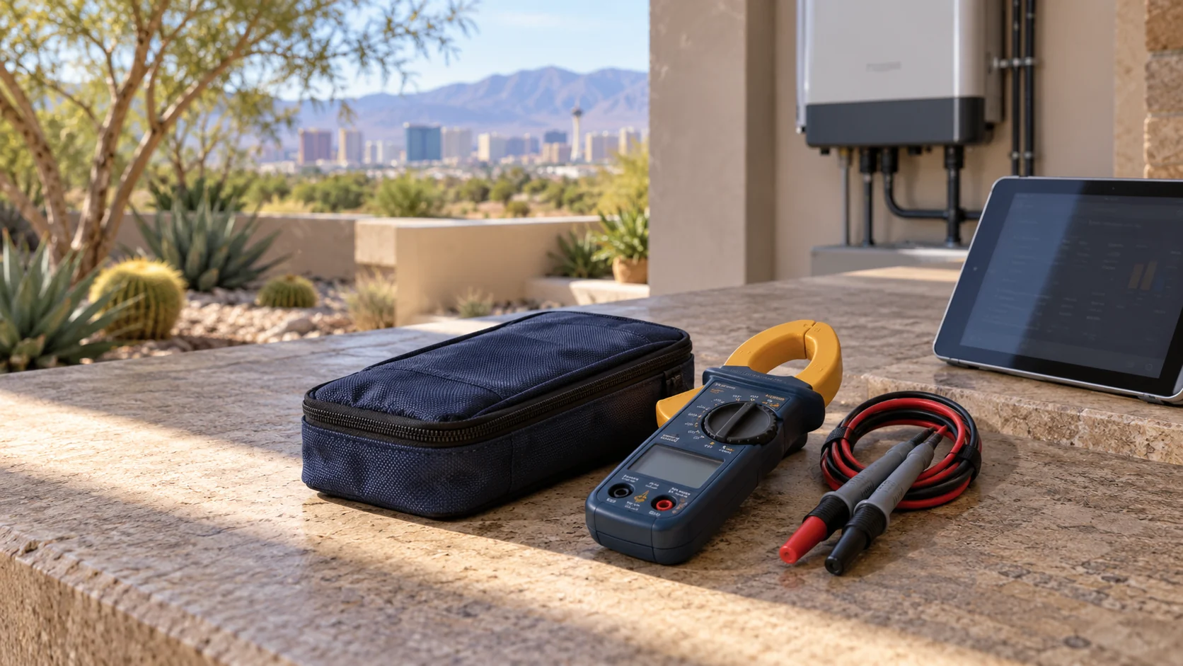 Solar diagnostic meter with capped leads and tablet on an outdoor workbench