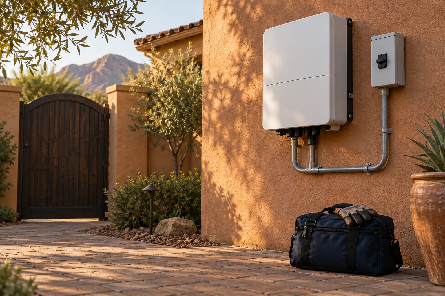 Navy service tool bag beneath a closed solar inverter on warm stucco