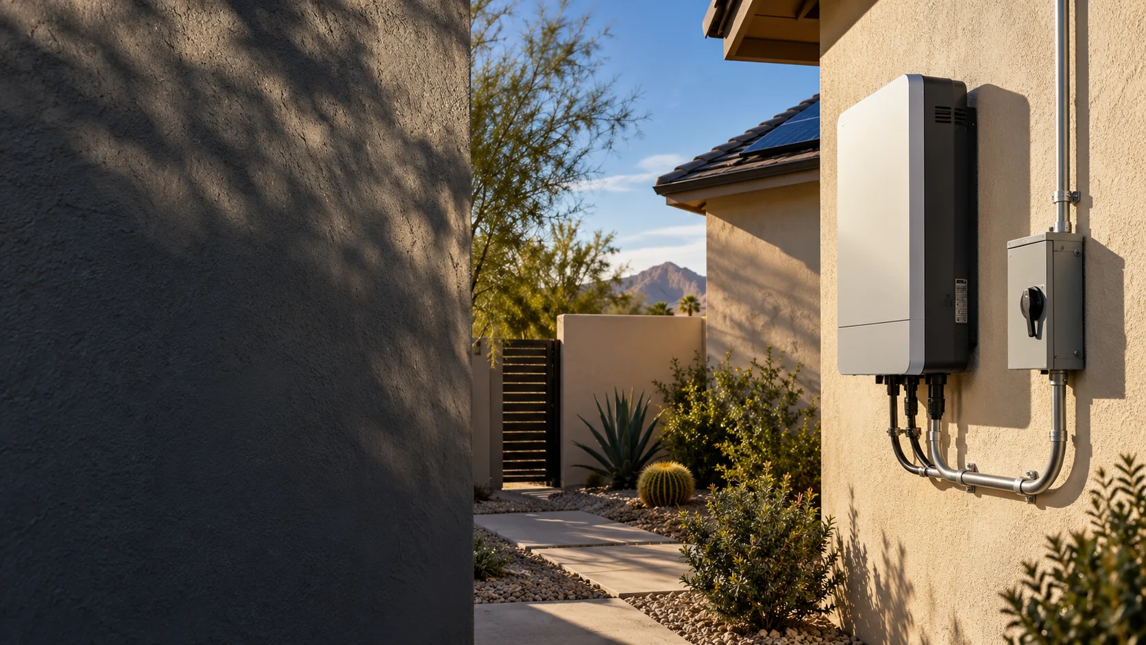 Closed solar inverter and disconnect mounted neatly on a Las Vegas home exterior