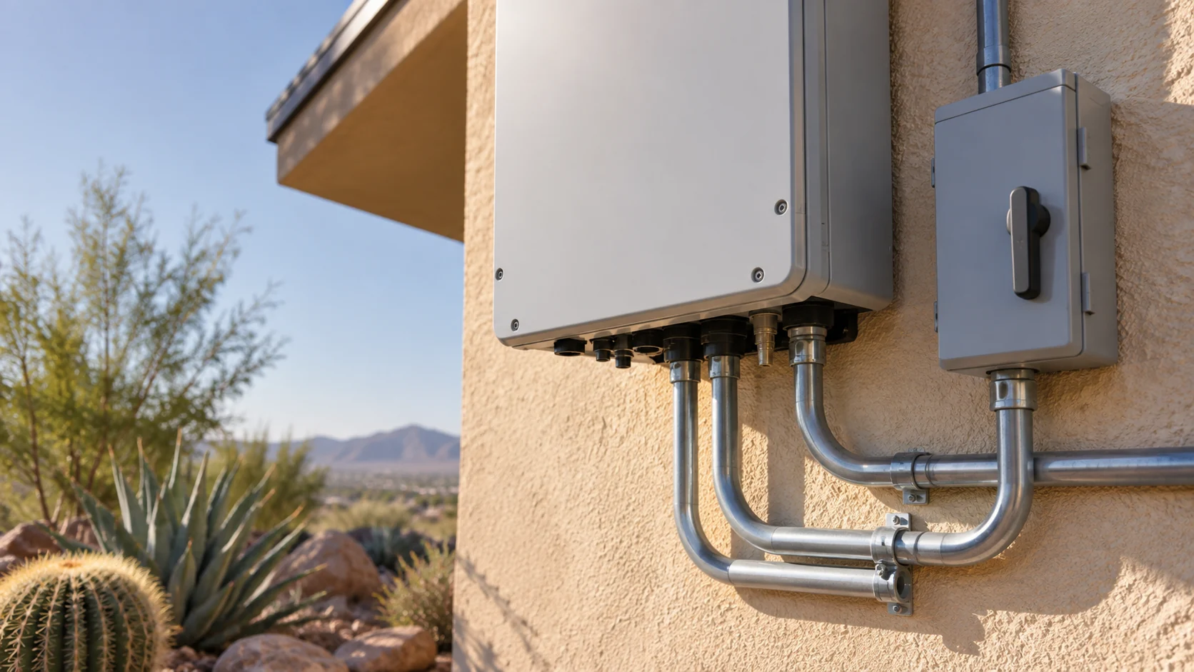 Closed inverter enclosure and tidy metal conduit on warm stucco