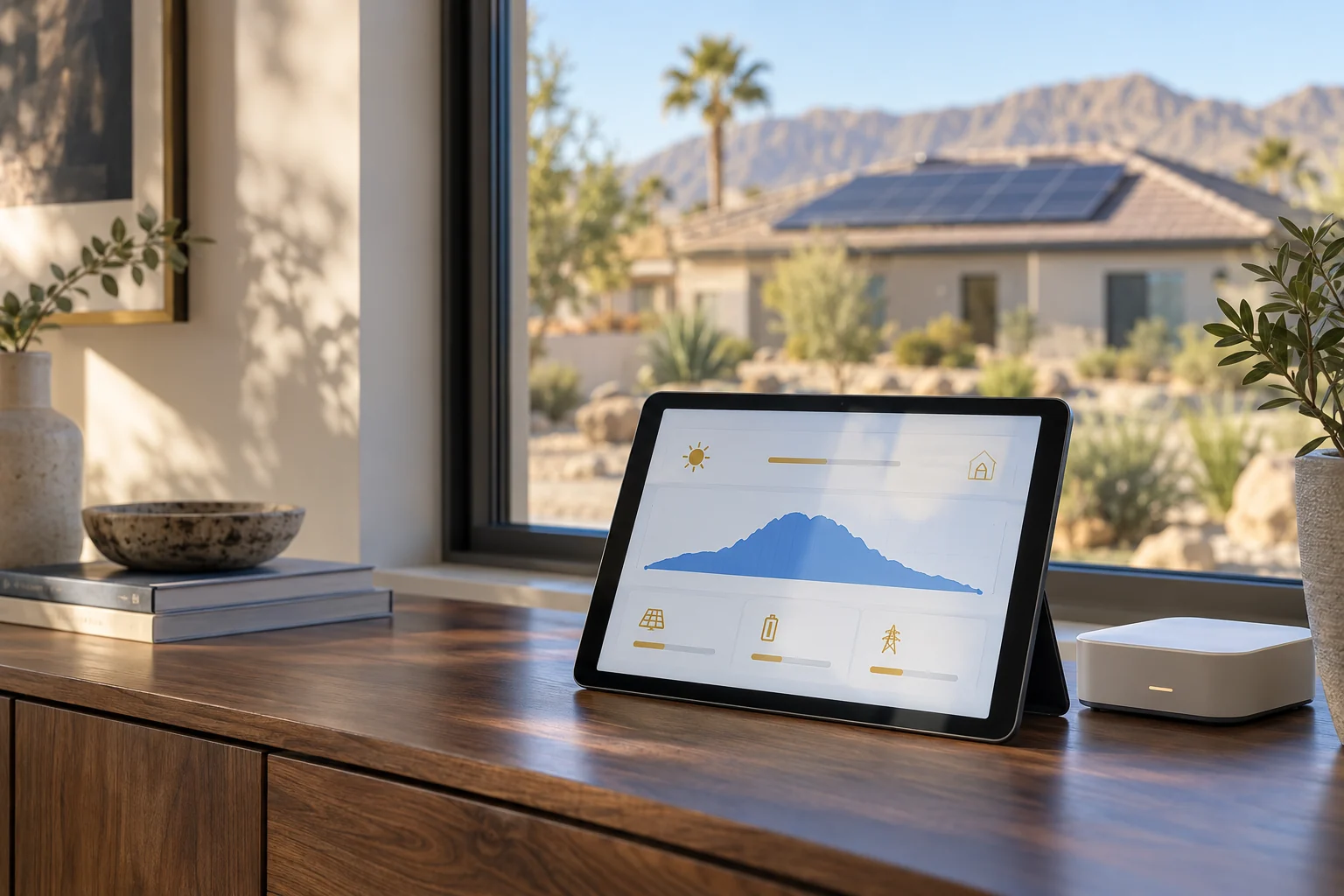 Tablet with a generic solar energy chart on an indoor console overlooking a solar home