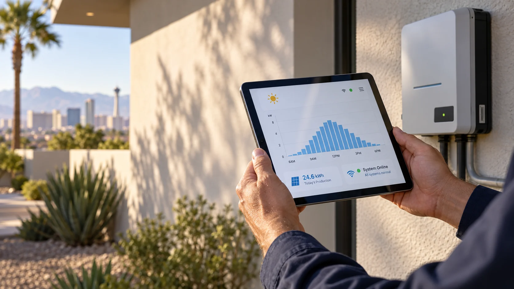 Tablet displaying a solar production chart beside a closed exterior inverter