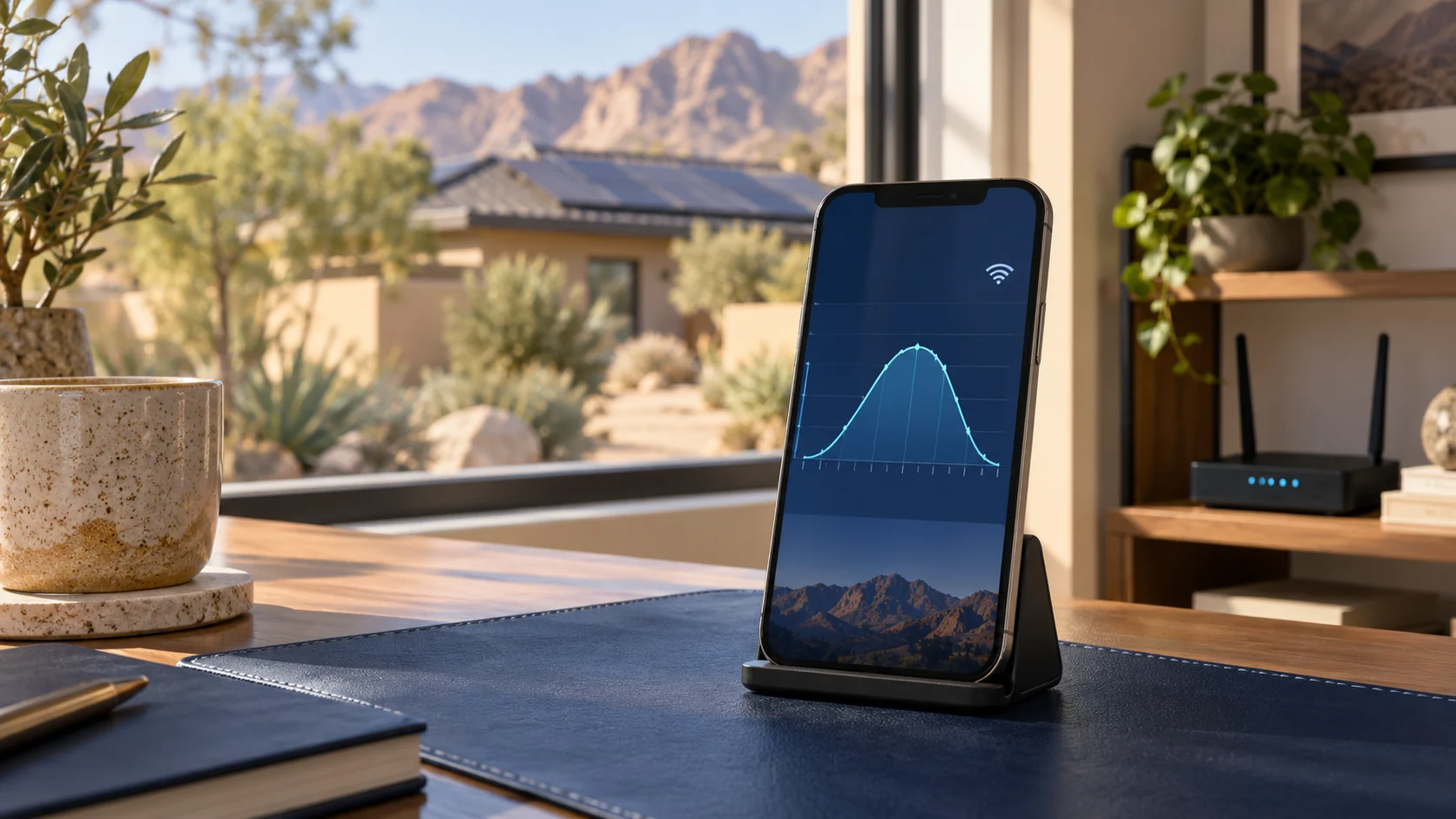 Phone showing a solar production graph near a home wireless router