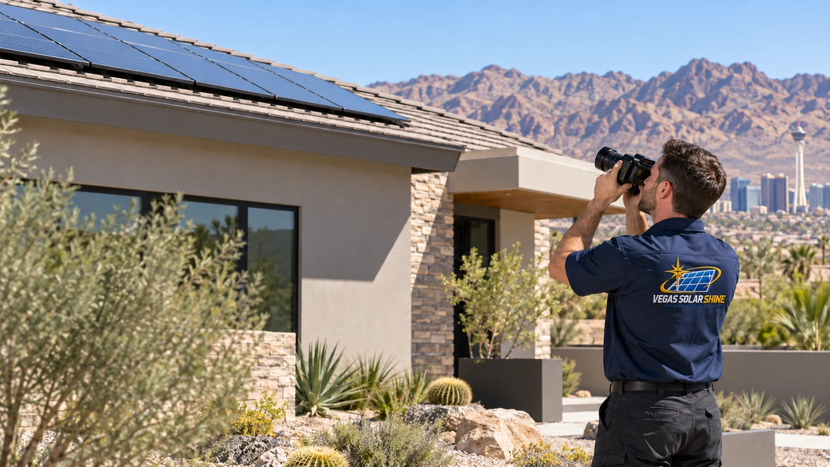 Vegas Solar Shine technician photographing rooftop solar panels from level ground