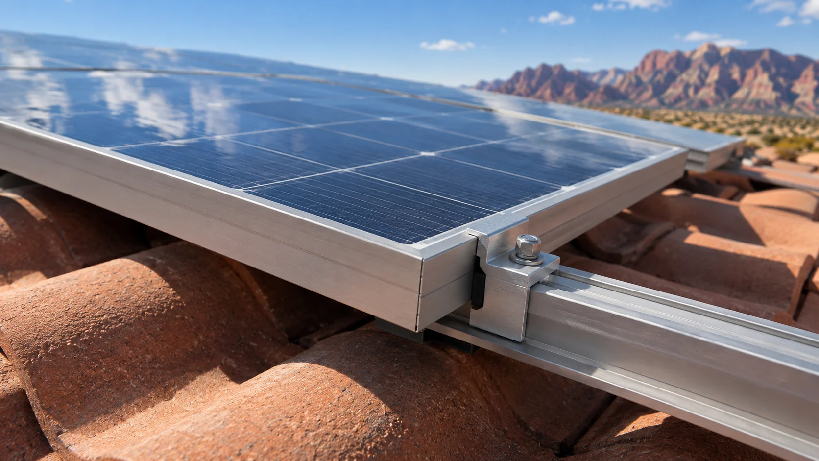 Close view of solar panel frame and mounting clamp above a tile roof