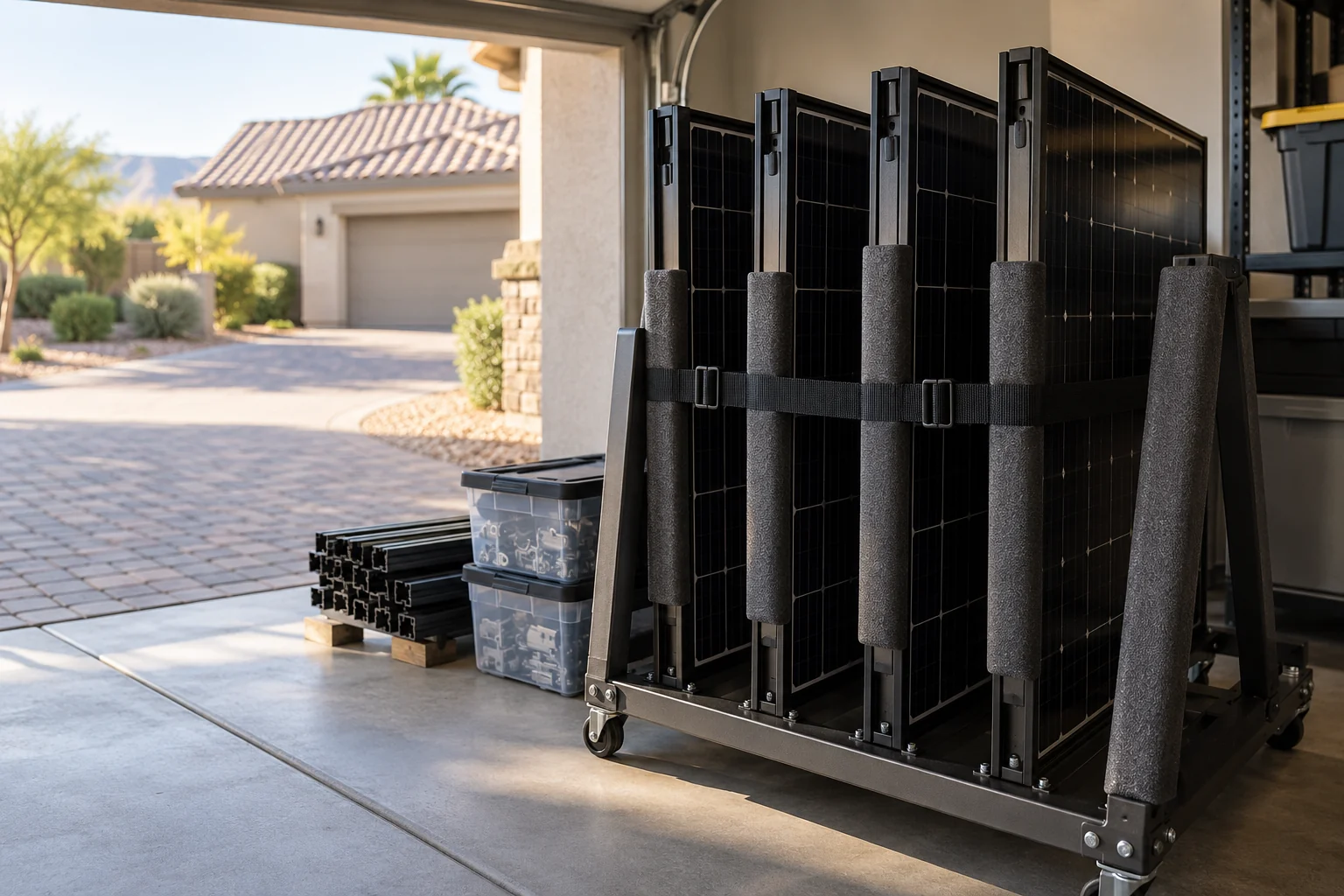 Protected solar panels secured in a padded rack beside a garage before a roofing project