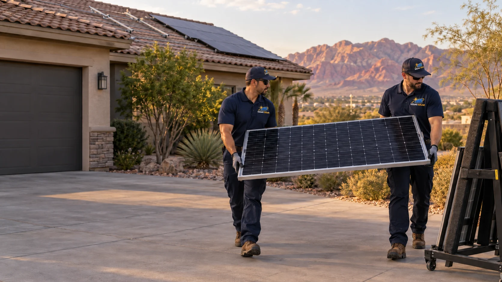 Two solar technicians carrying a panel by its frame toward a padded transport rack