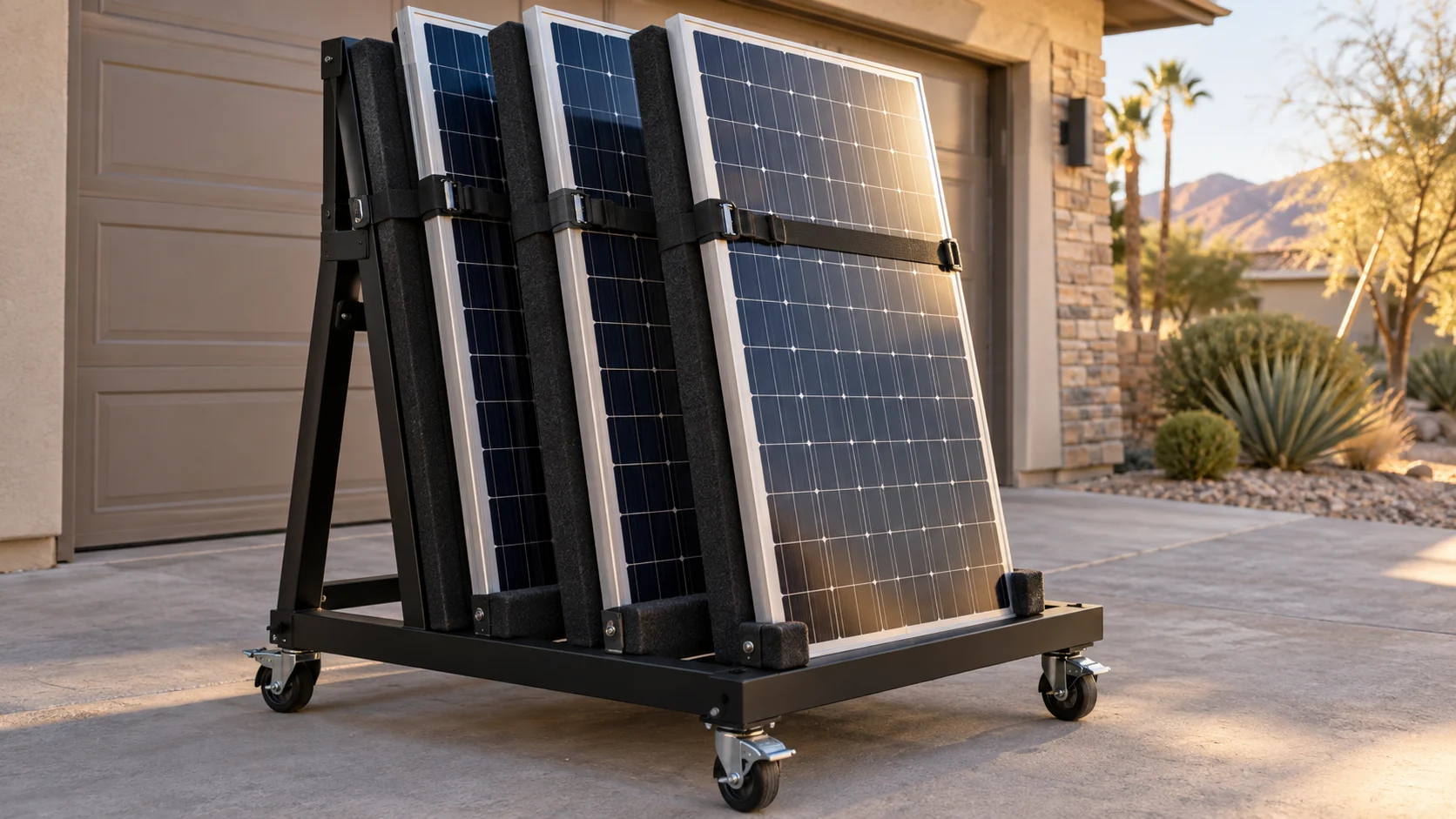 Three solar panels secured upright in a padded transport rack on a driveway